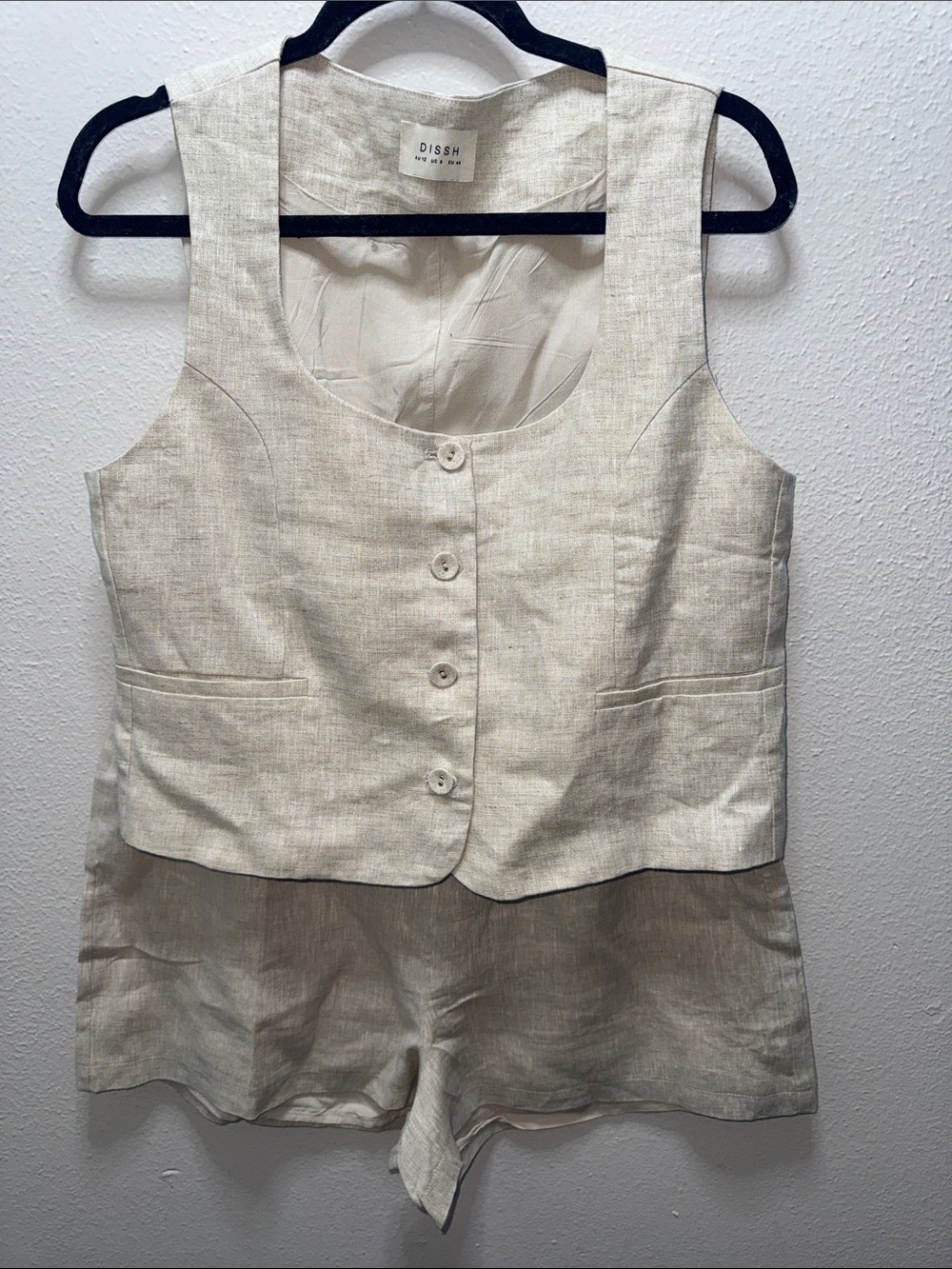 DISSH Cream Linen Button Front Vest and Shorts Set